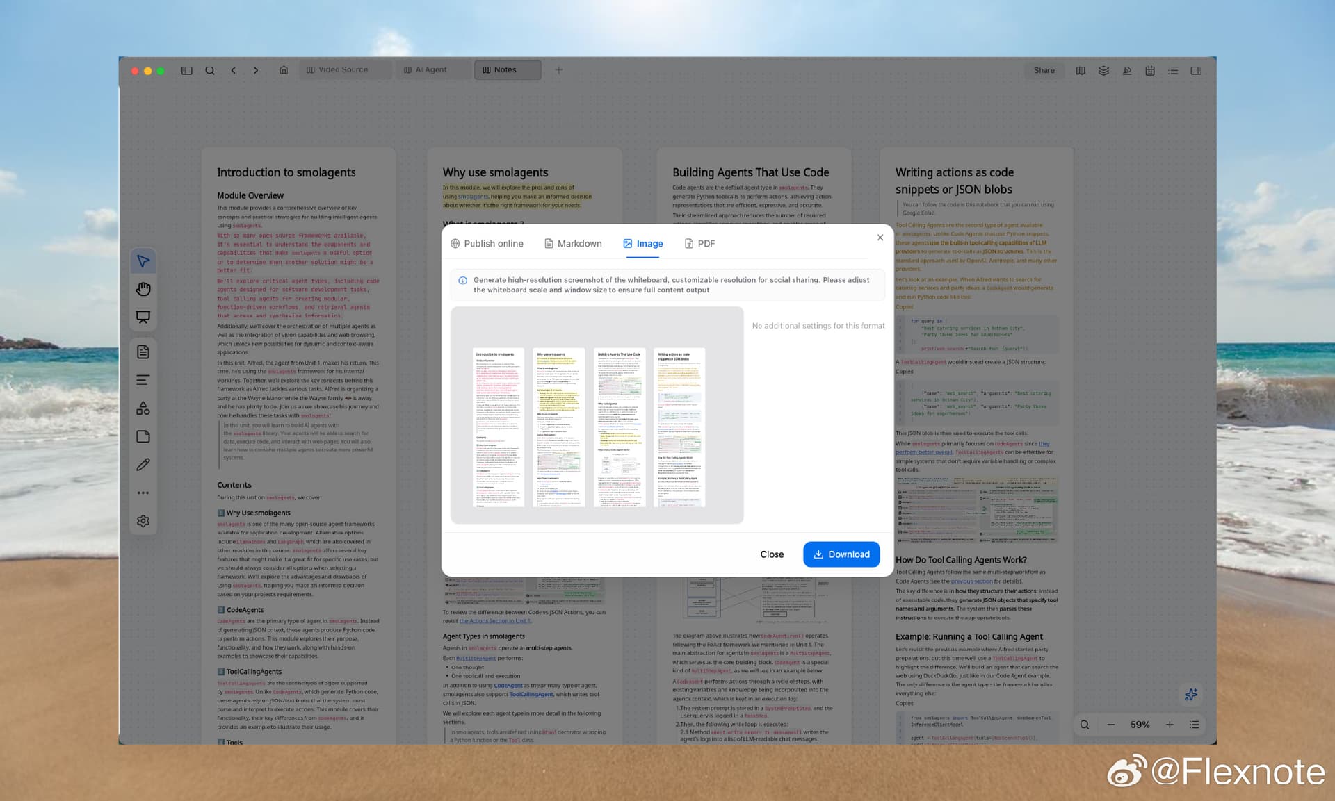 Flexnote can export a whole canvas to PDF and other formats