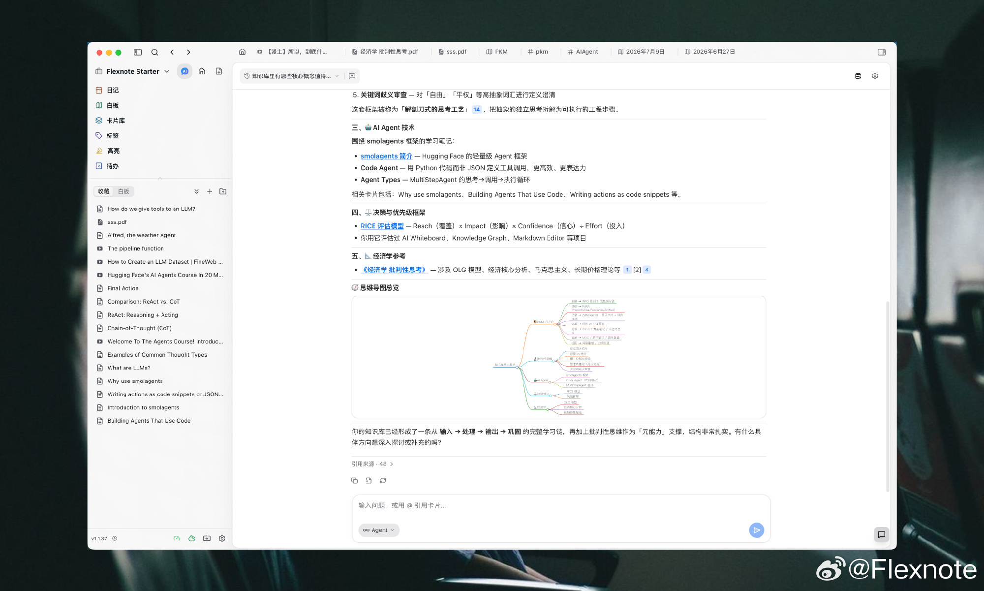 Knowledge Chat: answers come with sources, and can sketch a mind-map overview in the thread