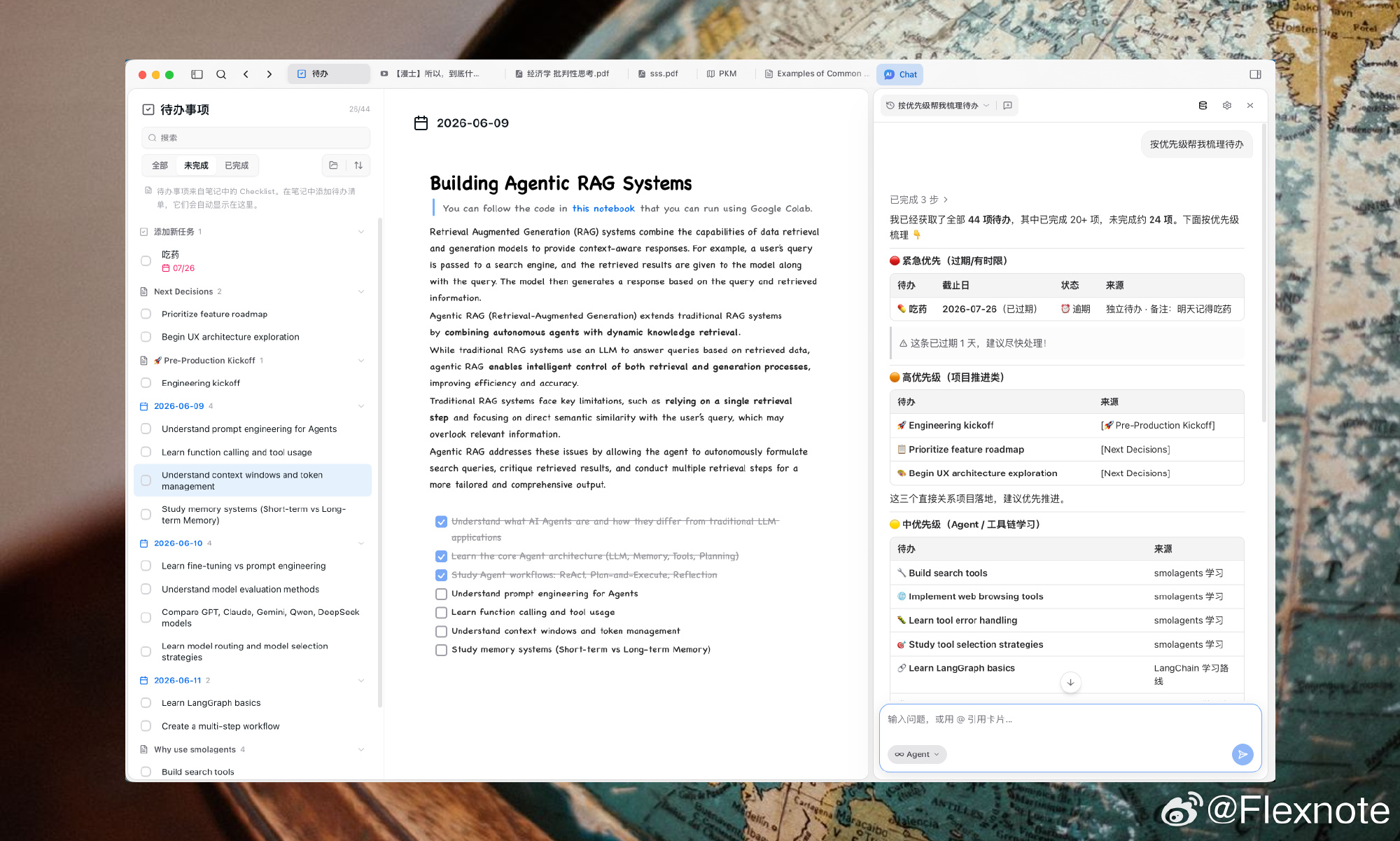 Collect todos from across the workspace and sort them by urgency and project